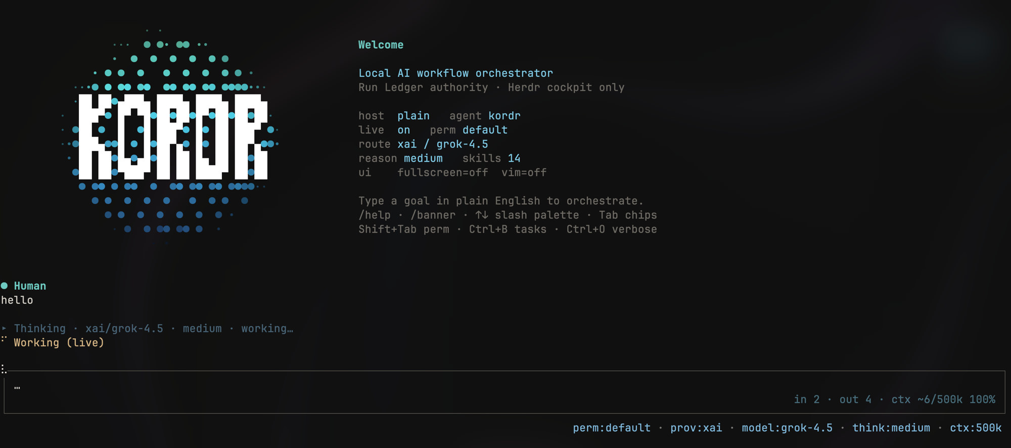 Kordr interactive Ink TUI: particle globe KORDR welcome banner, session stats, Human prompt, and live Thinking while working